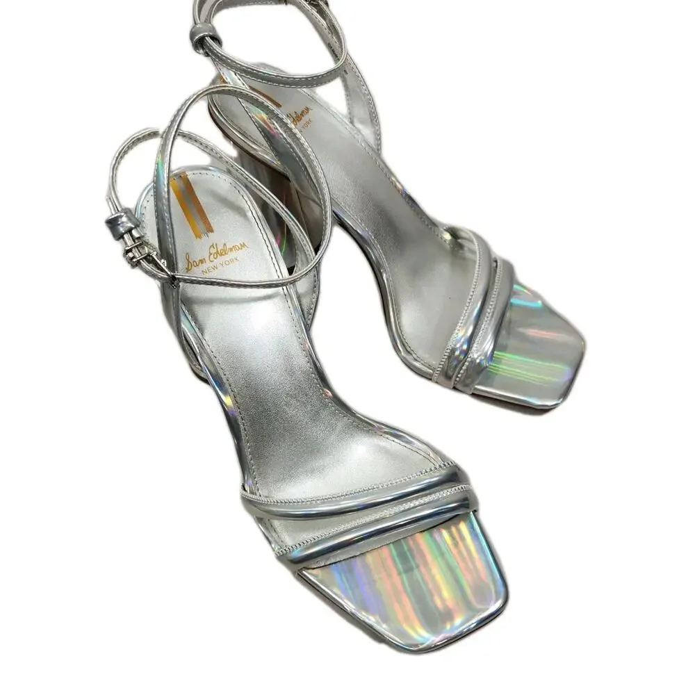 Sam Edelman Y2k Chunky Heels 8.5 Strappy Block Silver Holographic Prom Hoco